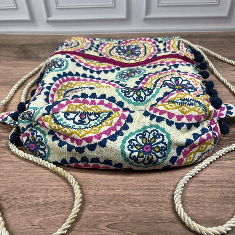 Douglas Company‎ Drawstring Backpack Multicolor Medallion Pom-Pom Trim Boho